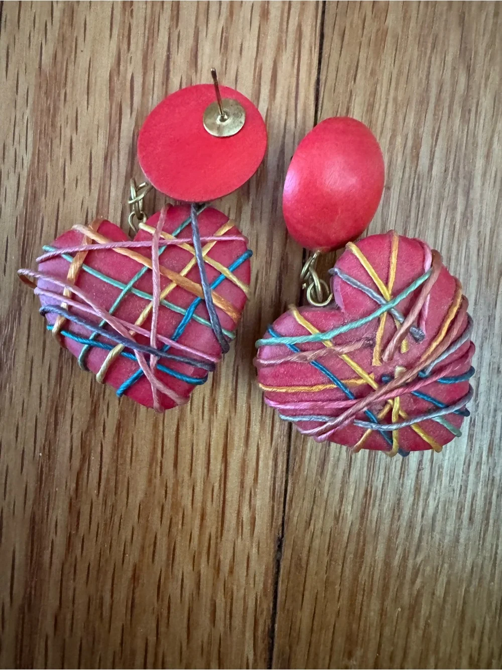 Vintage Wood Red Heart Drop Earrings with Multicolor Thread Wrap